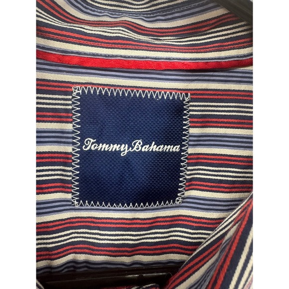 Tommy Bahama Men's Large Red Blue Striped Button Up Dress Shirt Silk Blend - Picture 4 of 6